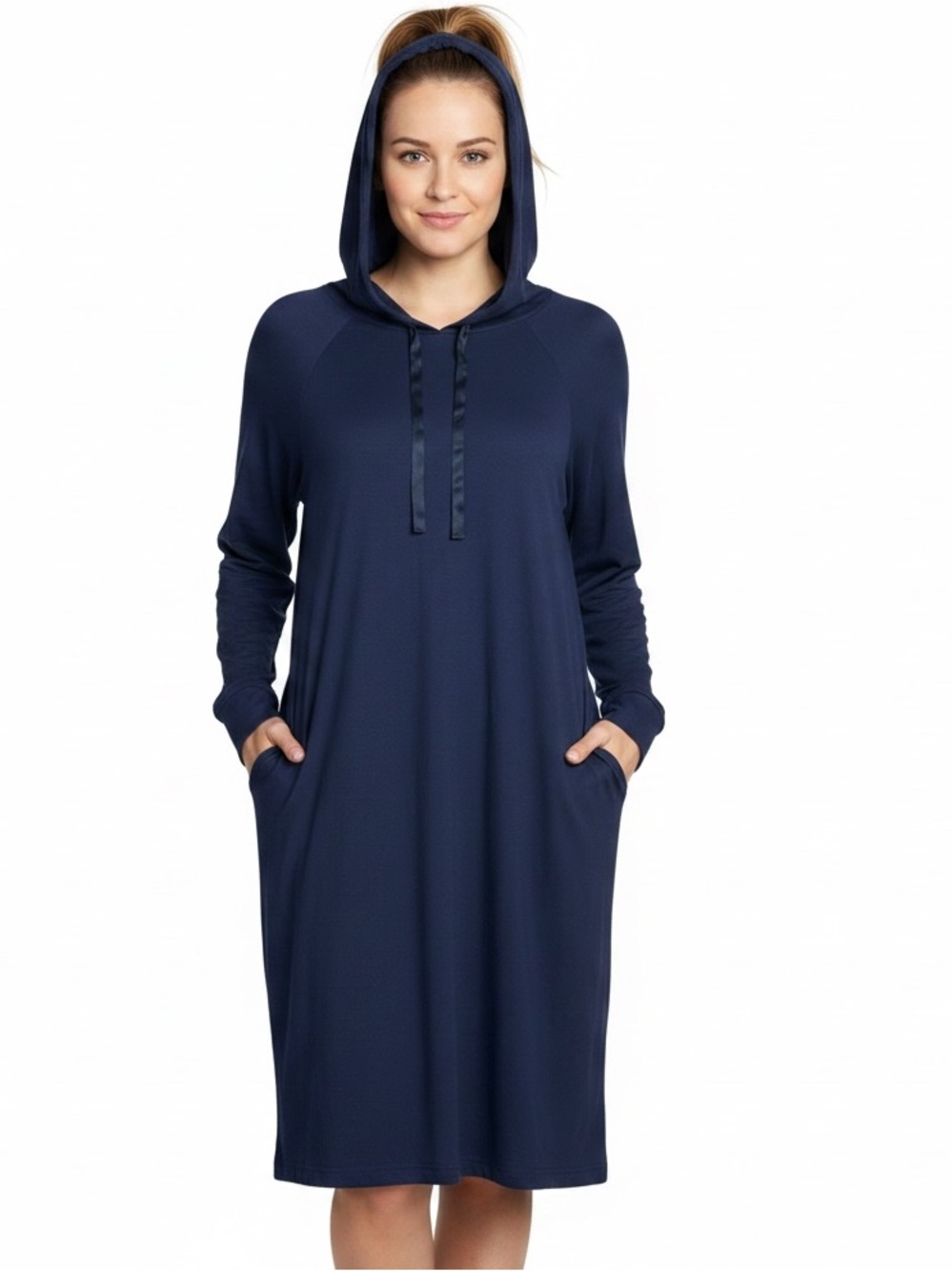Cozy Earth Long Sleeve Hooded Bamboo Dress in Navy XXXL